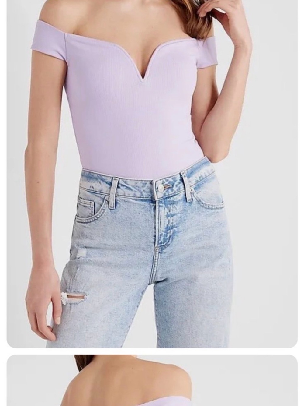 Express Lilac Off-Shoulder V-Notch Ribbed Bodysuit- NWT